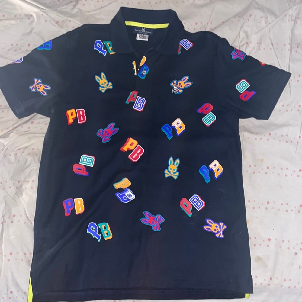 Physco Bunny button down shirt . Navy Blue color with logo prints all over.